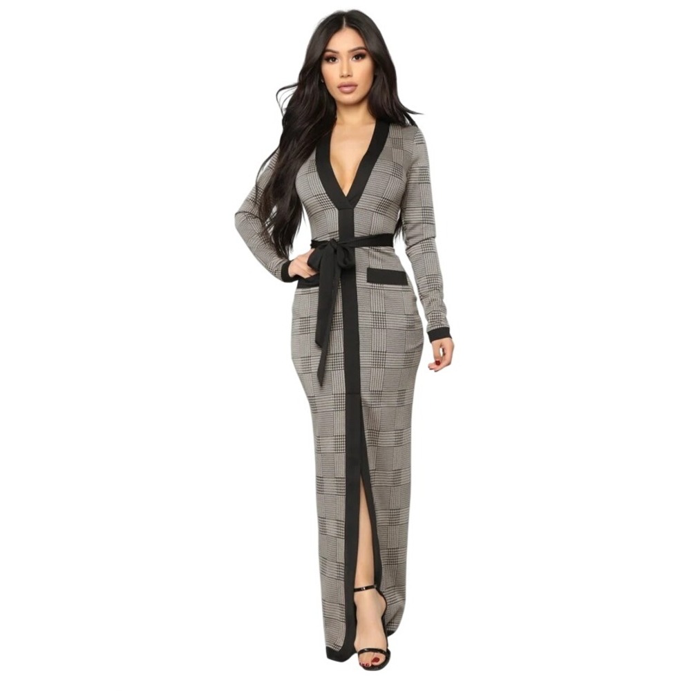Fashion Nova Maxi Dress Medium Brown Houndstooth Plaid Preppy Old Money